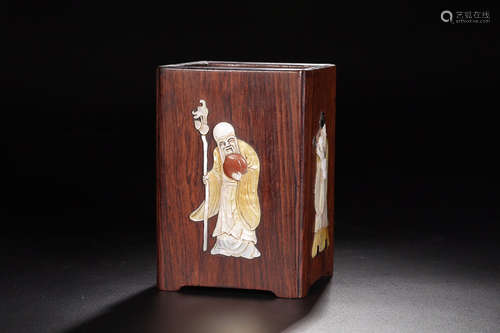 A HUANGHUA WOOD SQUARE PEN HOLDER WITH INLAYS