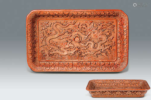 清中期 仿剔紅釉雙龍紋瓷方盤