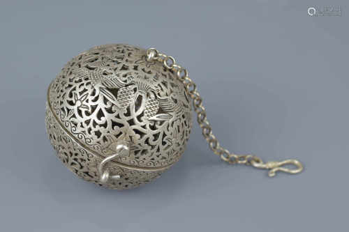 A Tibetan silver-plated incense prayer ball.  6cm diameter