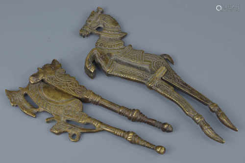 Two Indian bronze cutters with horse and goat design. 18cm width