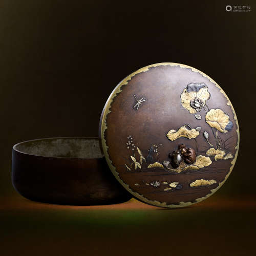 日本明治时期 铜镶金银香盒