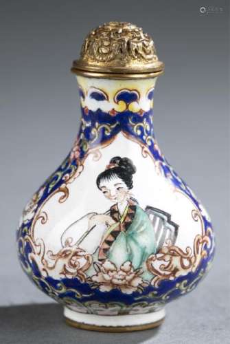 Enamel over copper snuff bottle.