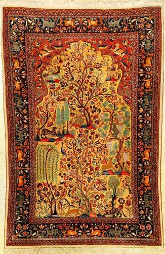 Fine Yellow Ground Kurk Kashan Rug (Paradise- Tree Of