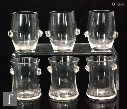 A group of three 20th Century glasses of waisted form with applied blackberry prunts, height 7cm,