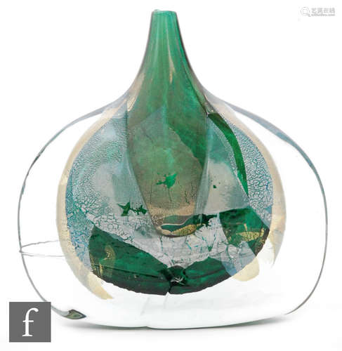 An Isle of Wight glass green azurene glass fish vase, of compressed form with tapered neck,