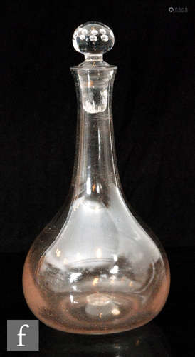 An 18th Century serving bottle circa 1750, plain globe and shaft form with a beaded knop stopper,