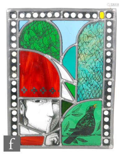 A contemporary studio stained glass panel by Frans Wesselman decorated with panels depicting a