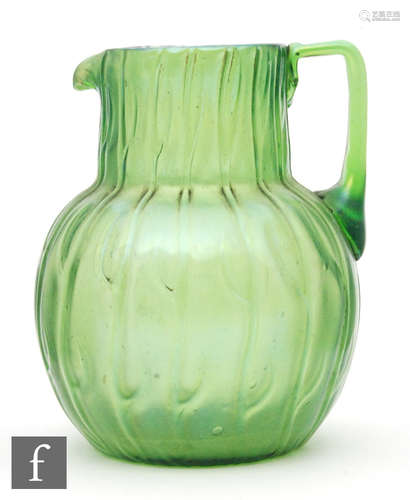 An early 20th Century Loetz Kralik pattern water jug of globe and shaft form with angular handle