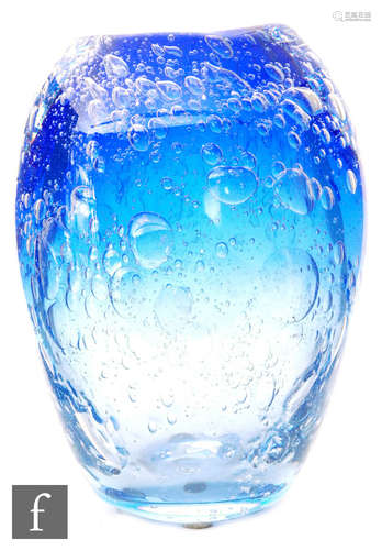 A Leerdam Unica vase by Floris Meydam, the blue graduated glass vase of tapered ovoid form,