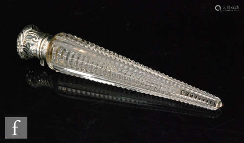 A late 19th Century clear crystal lay scent of tapered form with repeat mitre notch cut decoration