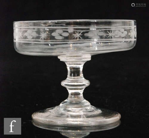 An 18th Century miniature tazza circa 1800, the shallow circular bowl above a bladed knop stem,