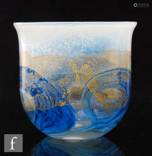 An Isle of Wight glass wine cup, of 'U' form, with overall blue swirl ground,