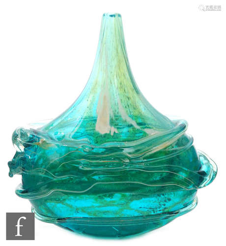 A large Mdina wrapped fish vase of compressed tear drop form with drawn slender neck decorated with