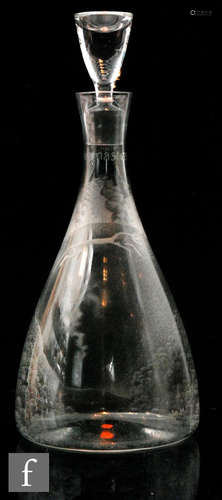 A later 20th Century clear crystal decanter of tapering form decorated by Laurence Whistler and