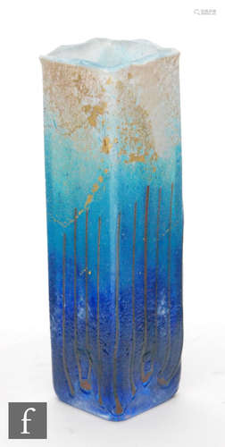 An Isle of Wight glass gold rain square section vase, the blue to purple ground,