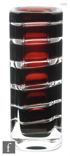 A 1950s Orrefors Ariel glass vase by Edvin Ohrstrom of square form with alternating horizontal