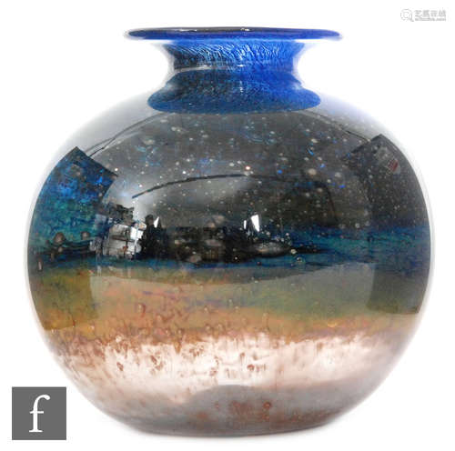 A later 20th Century Isle of Wight glass blue Aurene glass globe jar, of rounded form,