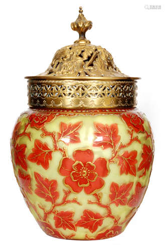 A late 19th Century Harrach cameo glass pot pourri of ovoid form with pierced gilt metal fitting