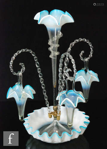 A 19th Century epergne, the crimped bowl with a turquoise border to a graduated opal,