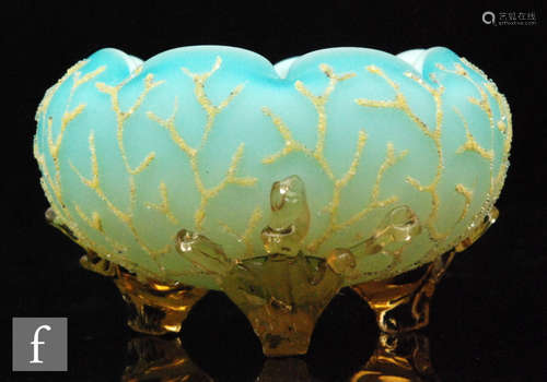 A 19th Century Stourbridge glass bowl cased in opal over pale blue and Coraline decorated with