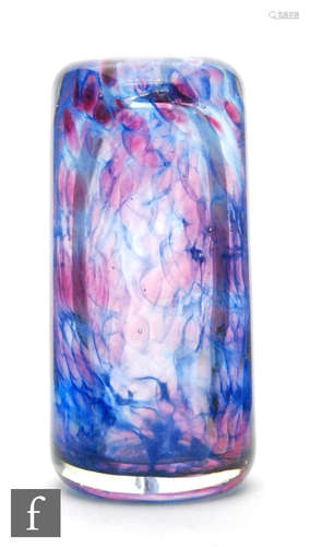 An Isle of Wight Archive glass vase, of cylindrical form decorated with blue and pink designs,