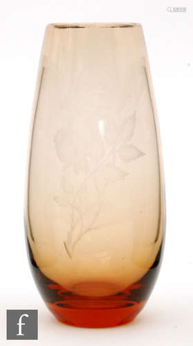 A later 20th Century amber glass vase of ovoid form decorated by Steve Piper with a rose,