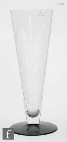 A 1930s Orrefors glass vase design by Edward Hald of black footed conical form,