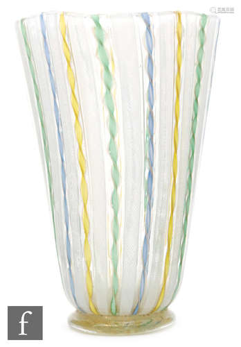 A circa 1950s Italian Murano a canne vase of footed triform in alternating multicoloured twist and