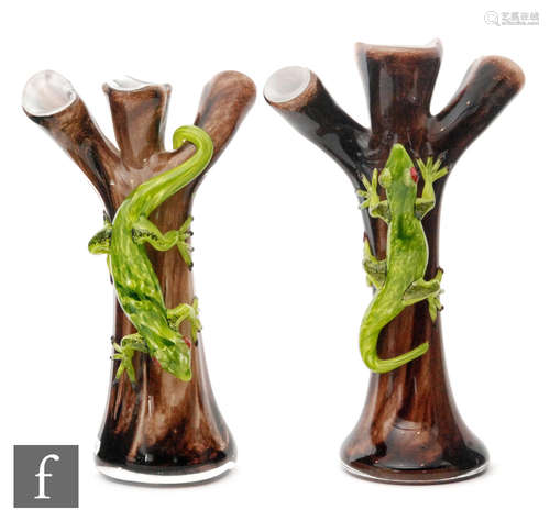 A pair of Sabina glass vases by Henryk Rysz modelled as tree trunks with climbing lizard,