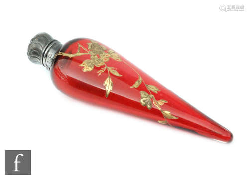 A late 19th Century Thomas Webb & Sons ruby glass scent bottle of tear drop form relief paste