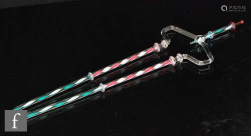 An early 20th Century glass Frigger in the form of a pair of fireside tongs with internal red and