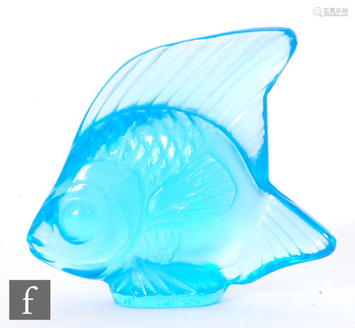 A Lalique glass fish sculpture in pale blue, engraved signature, height 4.5cm.