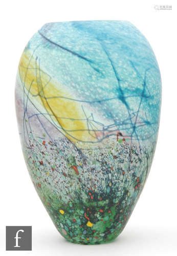 A later 20th Century studio glass vase by Peter Layton of ovoid form decorated in the Rainbow