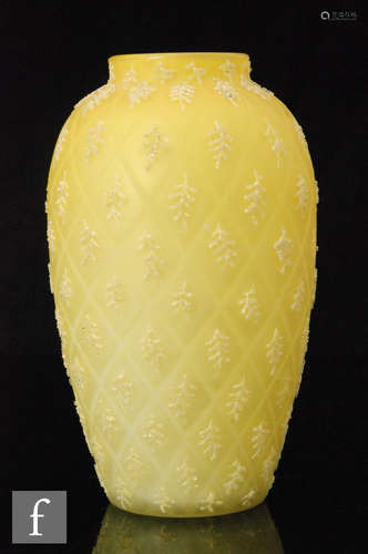 A late 19th Century satin air trap vase of ovoid form with short collar neck in yellow with a