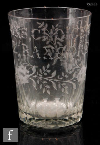 An early 19th Century oversized tumbler with basal slice cut detail, engraved with ' HOBSONS CHOICE,