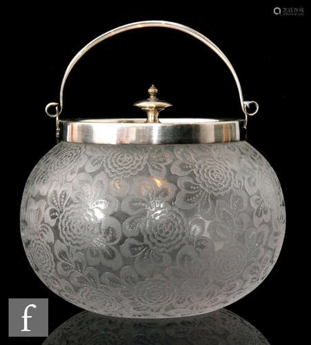 A late 19th Century Stourbridge crystal glass biscuit barrel acid cut with a repeat stylised floral