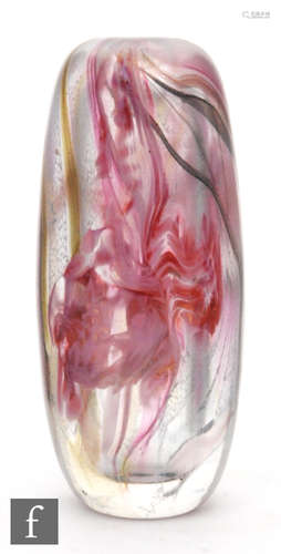 A small Isle of Wight glass iridicae archive pink trial vase of rounded slender with swirling