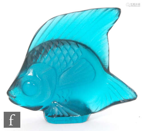 A Lalique glass fish sculpture in turquoise, engraved signature, height 4.5cm.