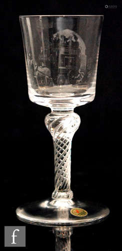 A later 20th Century Georgian style rummer with bucket bowl stipple engraved by John Finnie with a