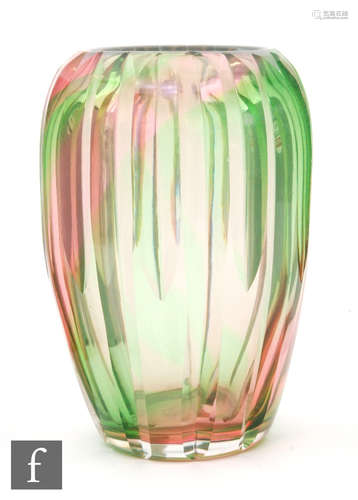 A 1930s Stevens & Williams vase designed by Keith Murray of ovoid form with repeat mitre cut lines