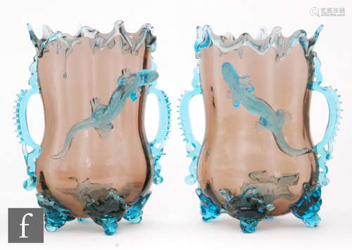 A pair of large late 19th Century Harrach lizard vases each of compressed ovoid form with fluted