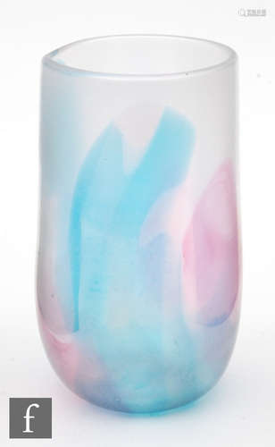 A later 20th Century studio glass vase by Peter Tysoe of cylindrical form decorated with pale pink