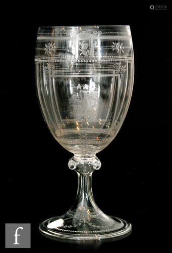 A late 19th Century Thomas Webb & Sons goblet with an ovoid bowl above a beaded knop and swept and