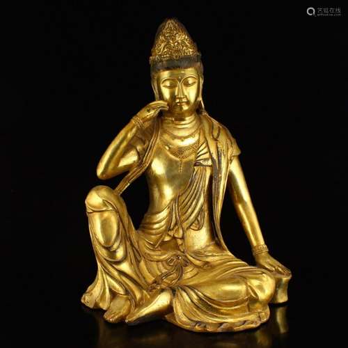 Vintage Chinese Gilt Gold Red Copper Kwan-yin Statue