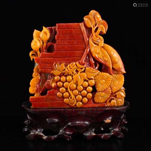 Chinese Natural Jade Statue w Flower & Grape