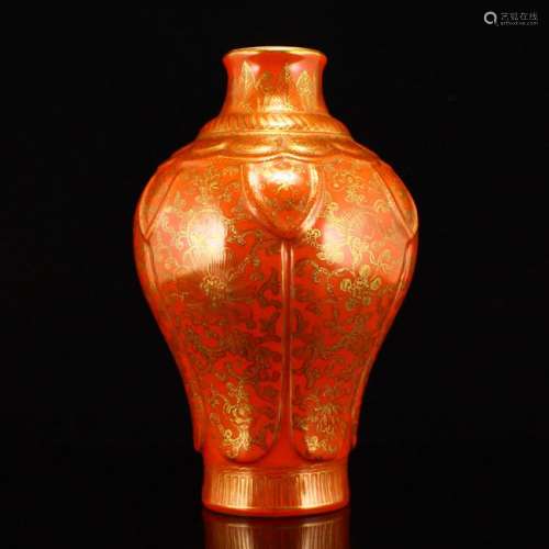 Gilt Gold Iron Red Glaze Porcelain Vase w Qianlong Mark
