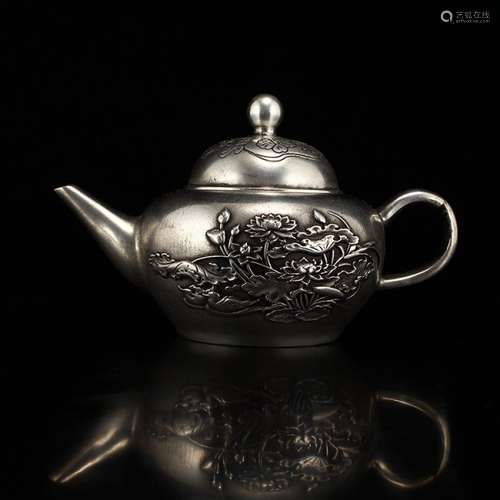 Chinese Bronze Silver-Plated Low Relief Lotus Teapot