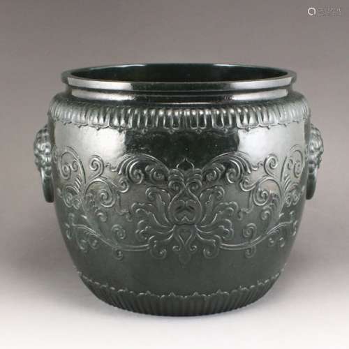 Chinese Deep Green Hetian Jade Low Relief Pot