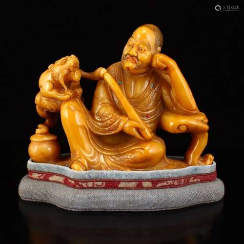 Tian Huang Stone Inlay Gems Buddhism Arhat Statue