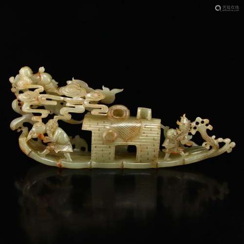 Openwork Qing Dy Hetian Jade Statue - Figures & Boat